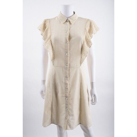 Theory Dresses & Skirts - Theory Womens Nova Eyelet Ruffle Sleeve Shirtdress Mini Dress Ecru Sz 8 NWT